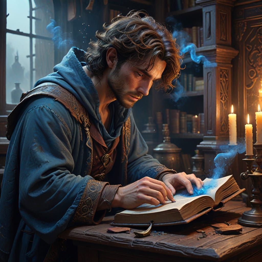 Intense British Alchemist in Study with Ancient Tomes and Ap...