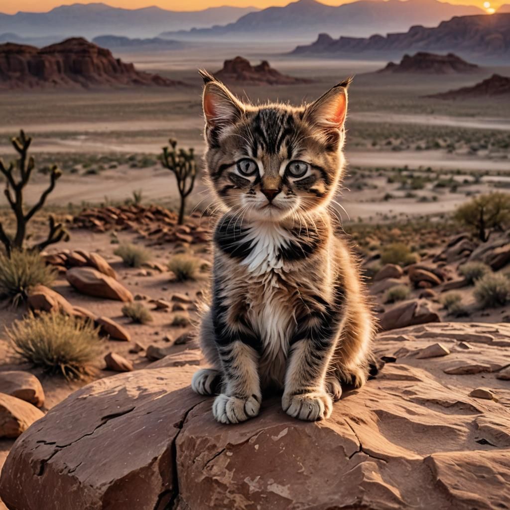 Grumpy Kitten at Desert Sunset, Wide Landscape