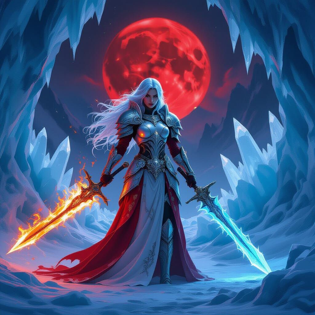 Icy Warrior Goddess Under Crimson Moon