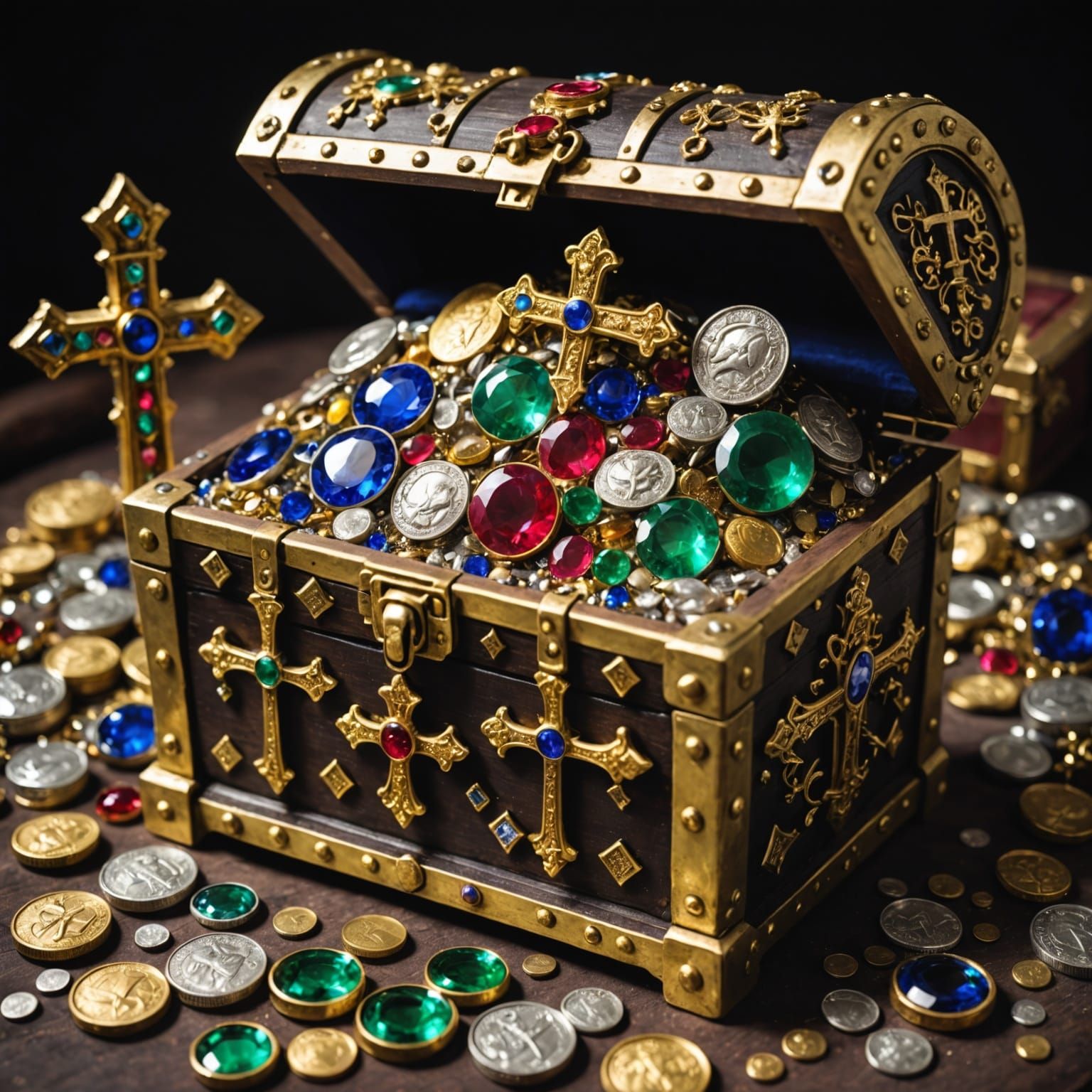 Gem-Studded Treasure Chest of Coins and Crosses