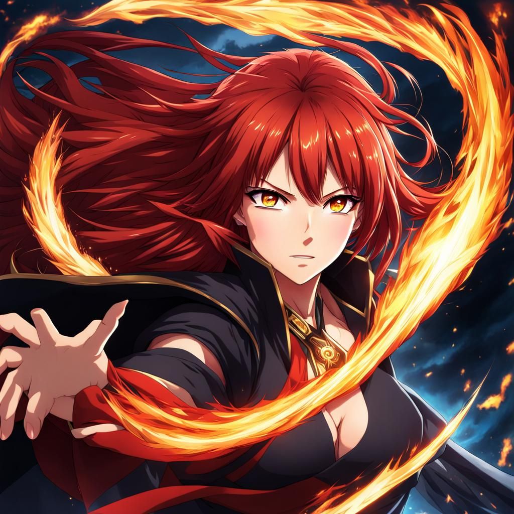 Fearless Red-Haired Fire Spirit in Anime Style