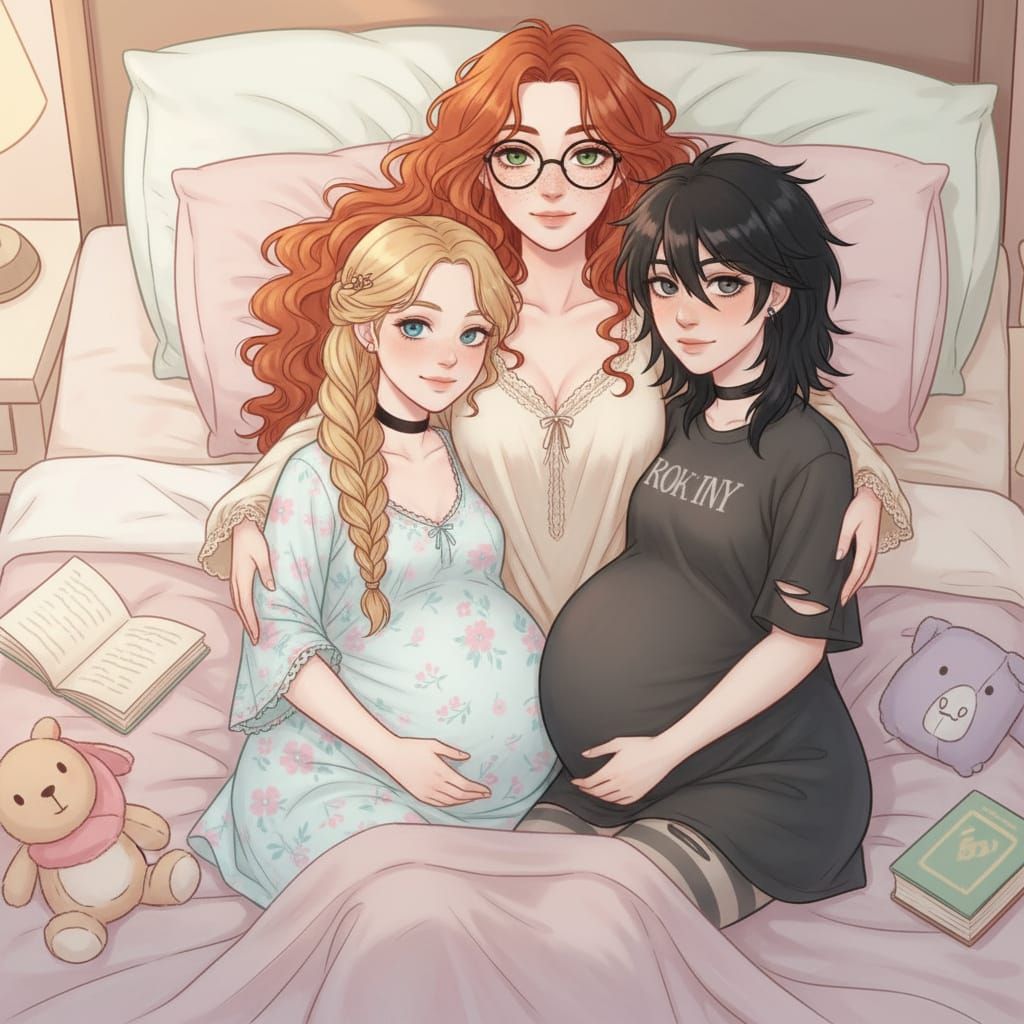 Cute Pastel Illustration of a Woman with Her Pregnant Wives