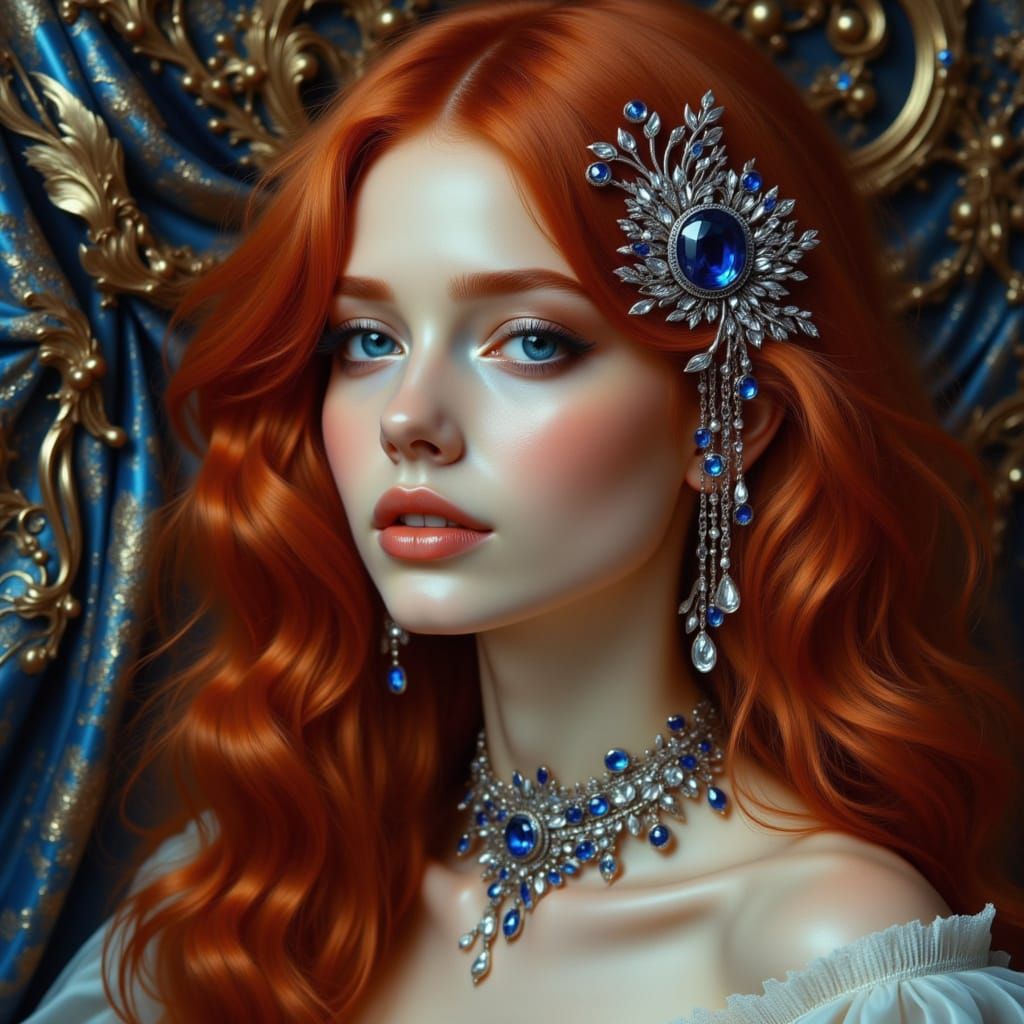 Redhead with Sapphire Broach in Art Nouveau Style
