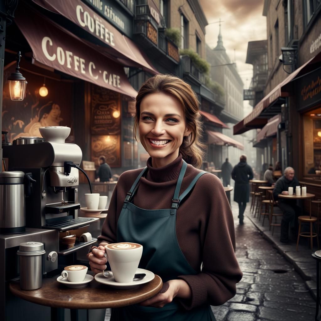 Laughing woman serving coffee at a side street cafe.