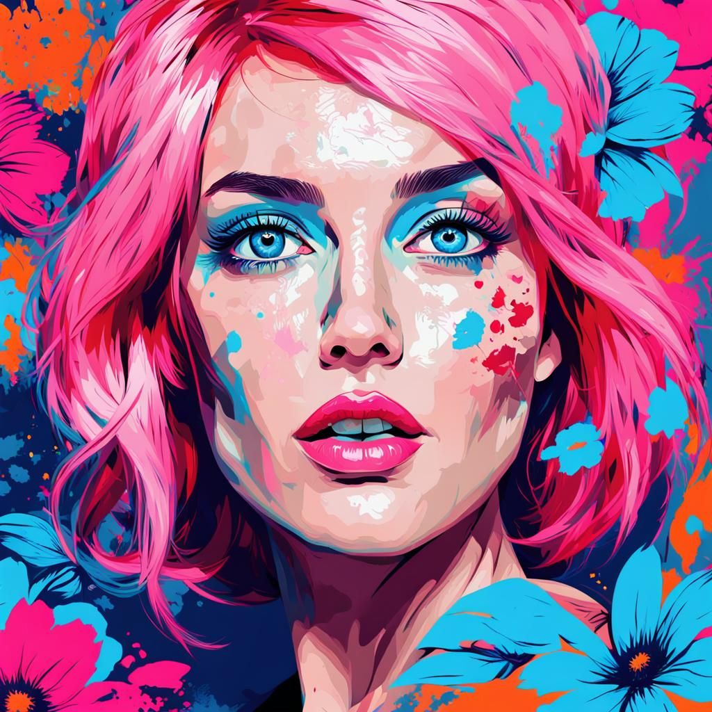 Psychedelic Pop Art Portrait of Woman with Pink Hair