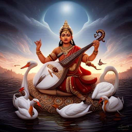 Saraswati with Veena & Swans