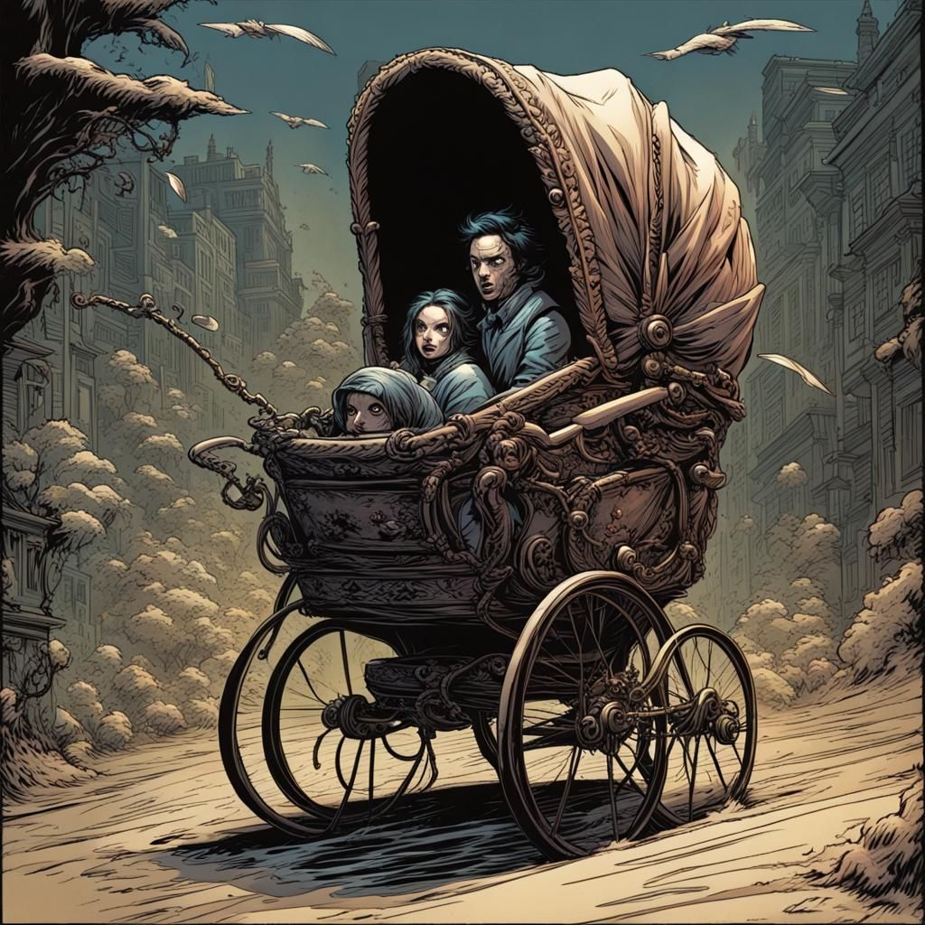 Horrifying Flying Pram in Comic Book Art Style