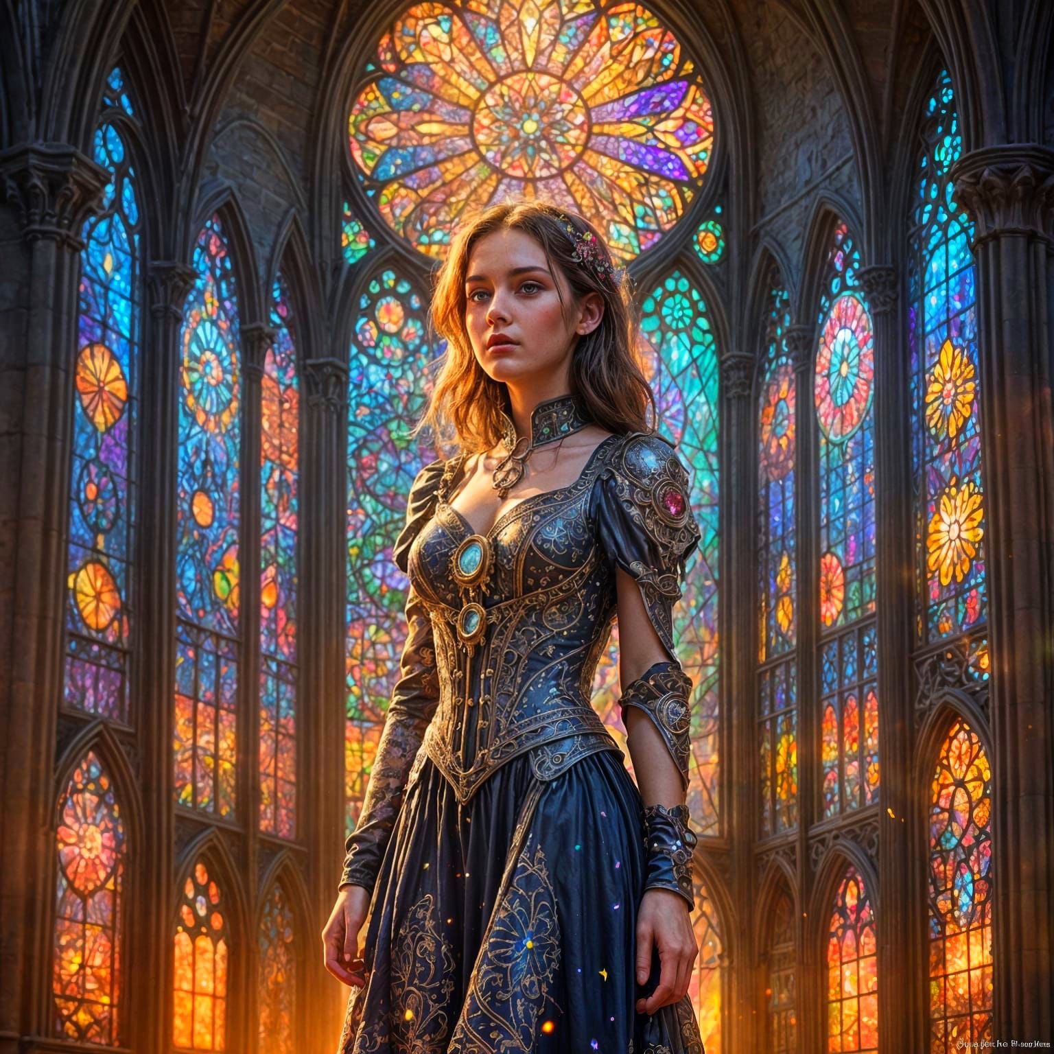 Steampunk Lady Shines in Vibrant Stained Glass Cathedral