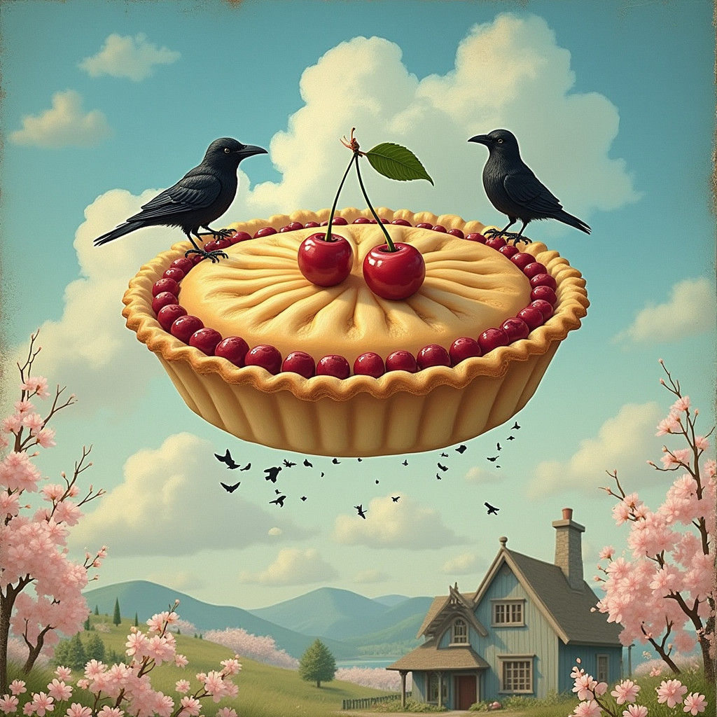 Floating Cherry Pie Dreamscape Illustration