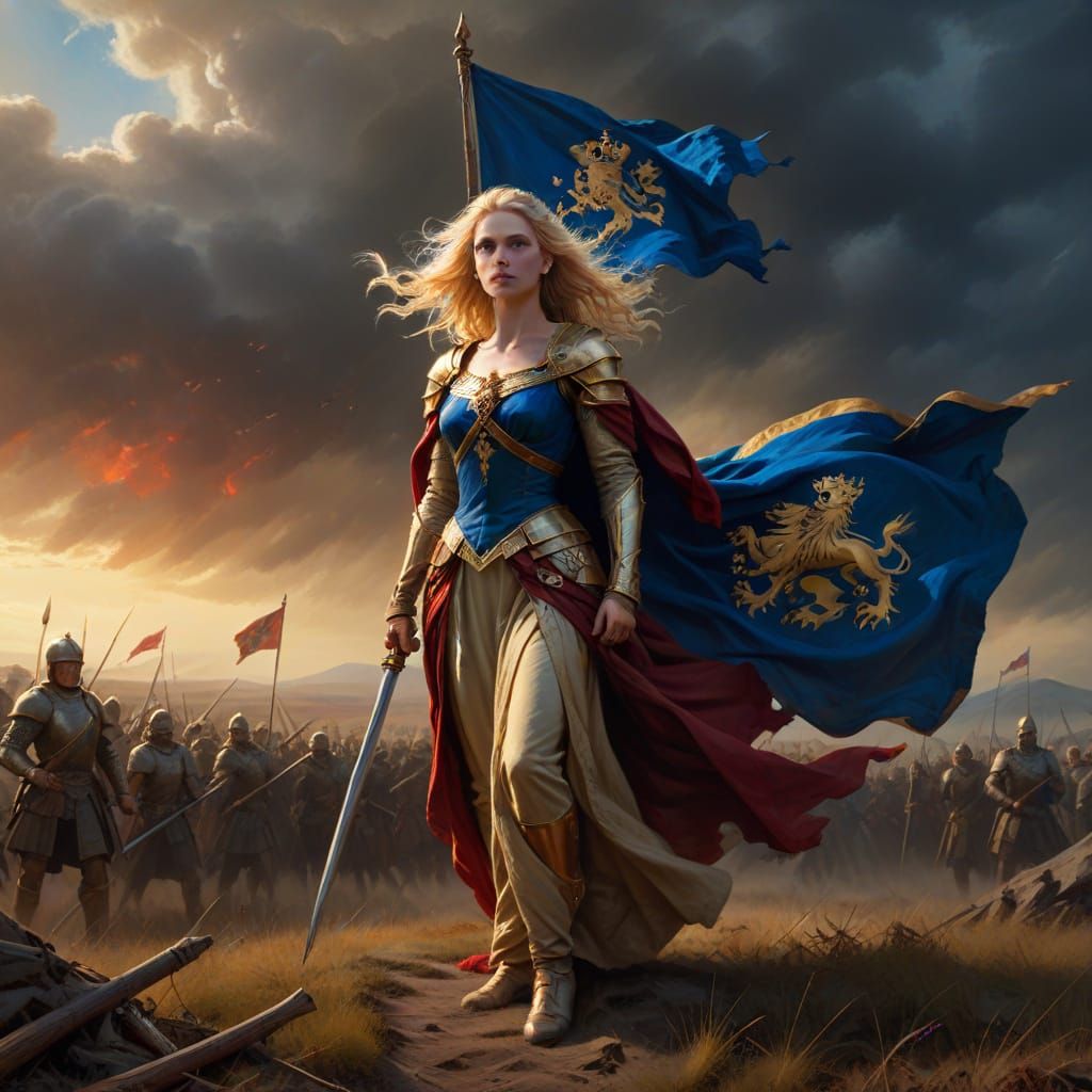 Regal Queen on Battlefield Holding Royal Flag