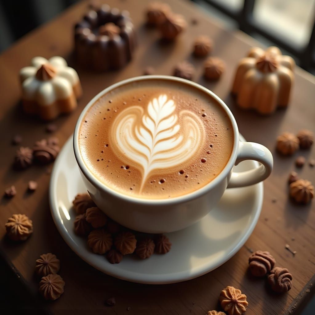 Cappuccino with Coffee Art in Cozy Cafe