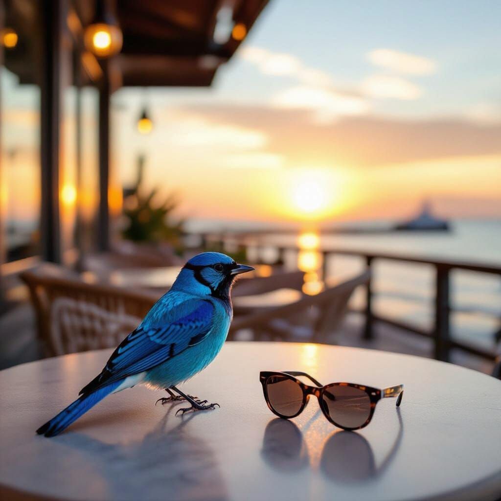 Vibrant Blue Bird with Sunglasses at Sunset Cafe
