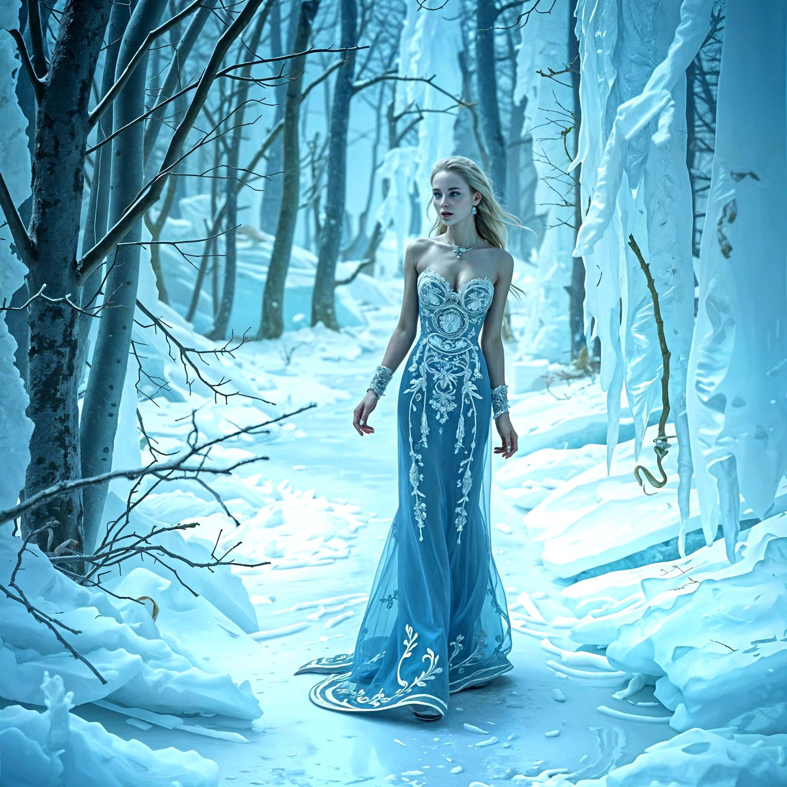 Ethereal Ice Spirit Strolls through Frosty Digital Wonderlan...