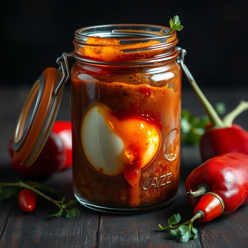 Braised Salsa Egg with Red Pepper sauce in a glass jar