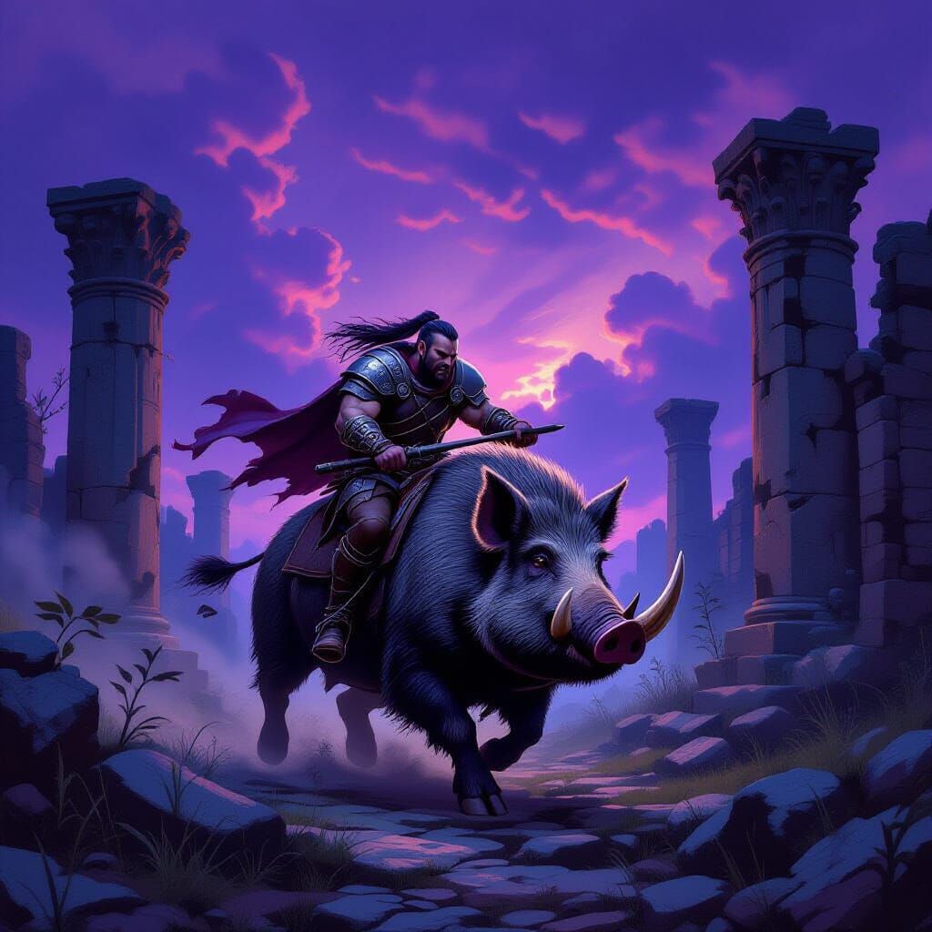 Goblin Warrior on Wild Boar in Overgrown Ruins