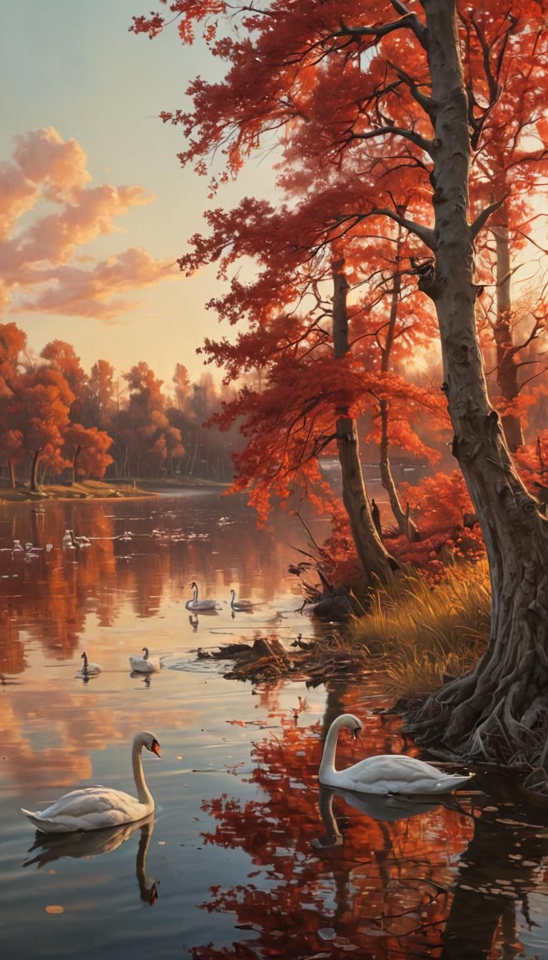 Serene Lake Landscape with Majestic Red Trees and Swans