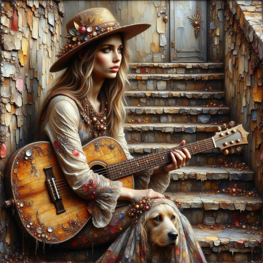 Musician Girl and Dog in Oil Painting Style