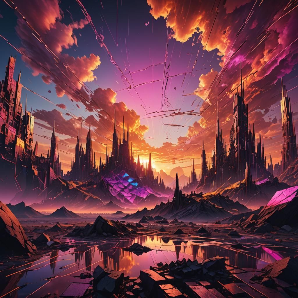 Glitching Sunset in a Dreamlike Landscape