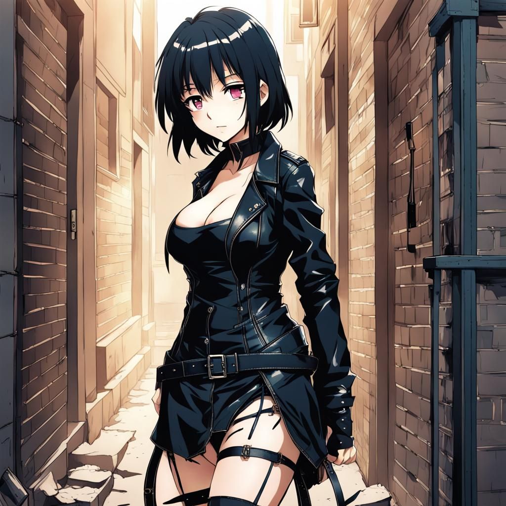 Girl in Straps in Alleyway, Anime-Style Art