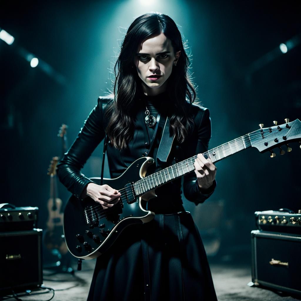 Gothic Girl Plays Guitar in Giant Room