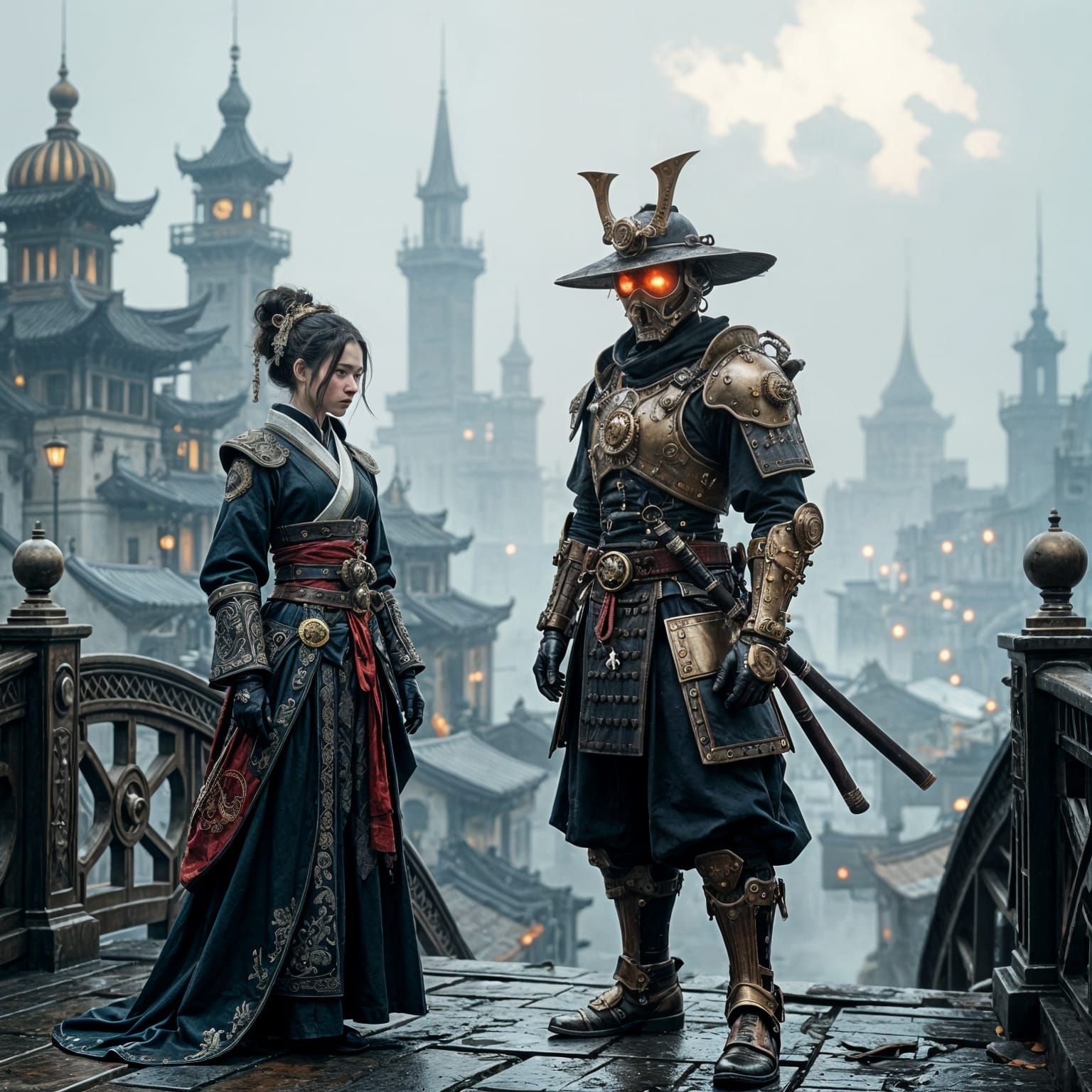 Steampunk Samurai Warrior on Crumbling Bridge