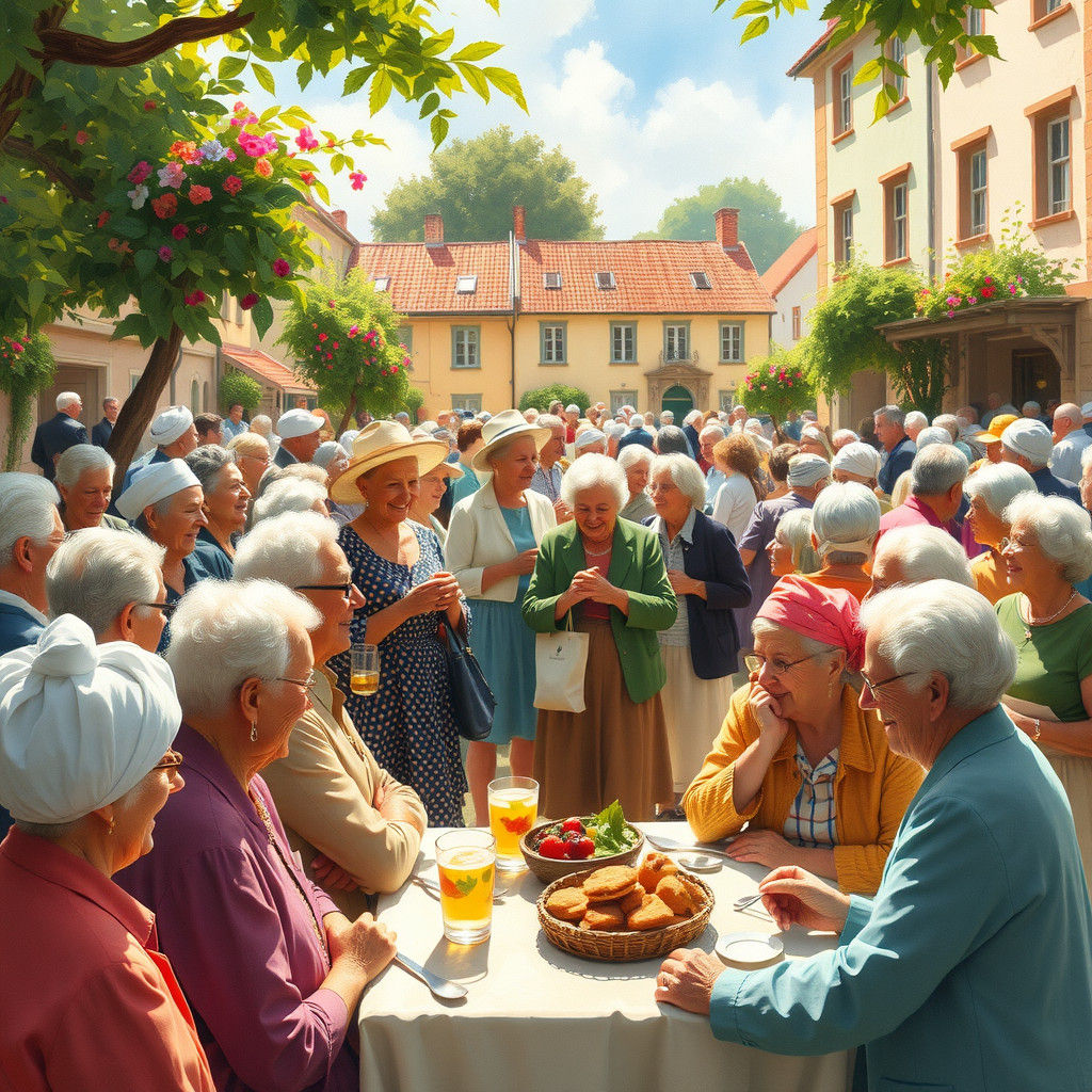 Whimsical Gathering of Grandparents in Sun-Drenched Square