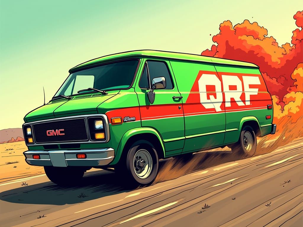 Vibrant Green GMC Van Speeds in Focus with Bold A-Team Strip...