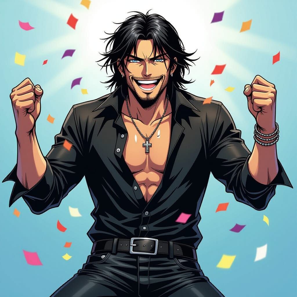 Laughing Man in Manga Style with Confetti