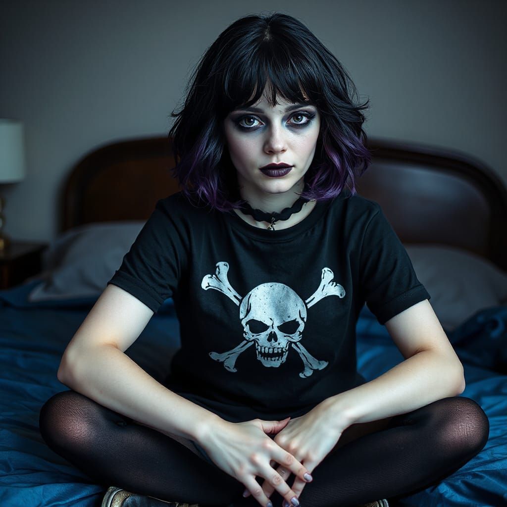 Goth Teenage Woman with Skull T-Shirt
