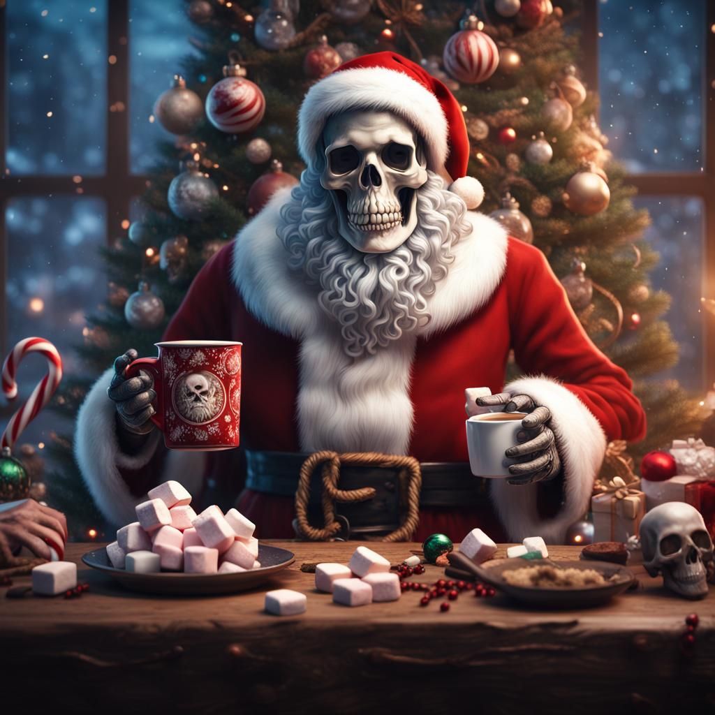 Skeleton Santa Claus With Decaying Hands Holding A Mug Of Hot Cocoa.