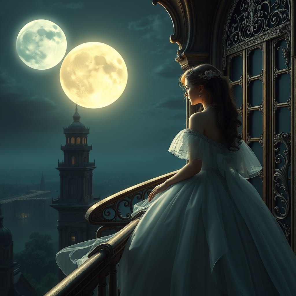 Princess Gazing at Luminous Moon on Ornate Balcony