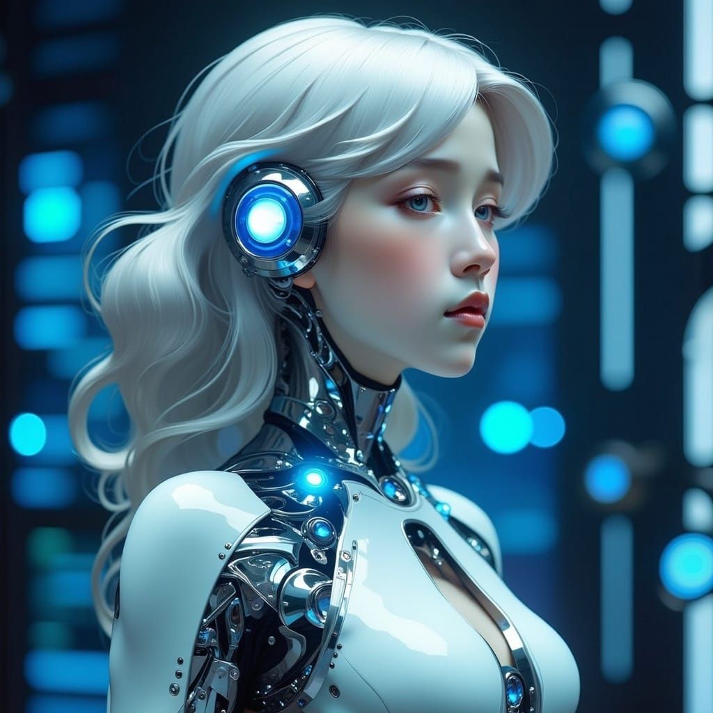 Futuristic Robotic Woman Analyzing Data in Art Nouveau Style