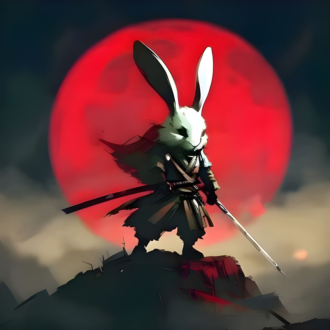Fluffy Bunny Samurai Portrait with Full Moon