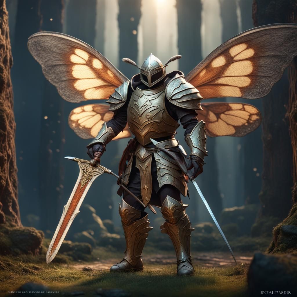 Moth Knight with Wooden Sword: Detailed Fantasy Art