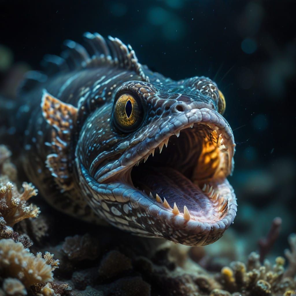 Deep-Sea Eel Confronts Diver in a Haunting, Sunlit Abyss