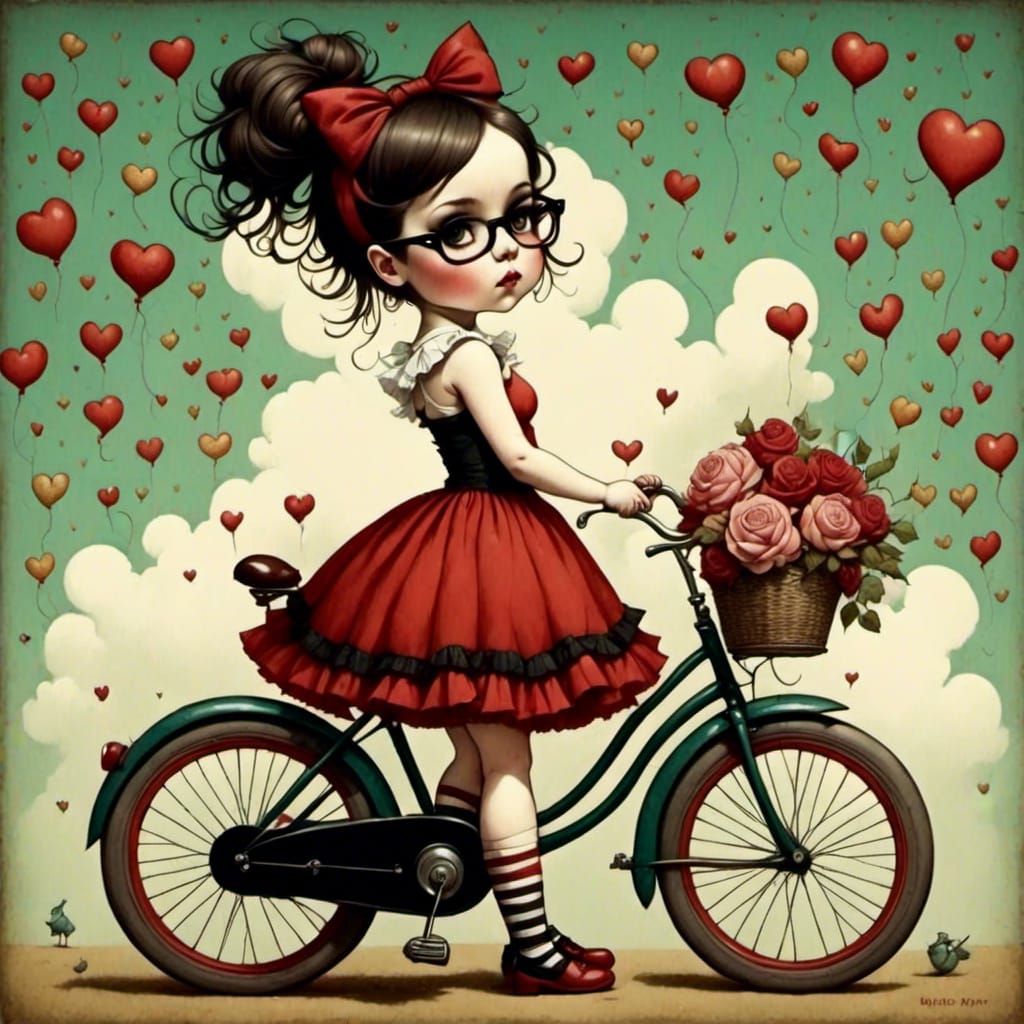 Girl on Bicycle in Mark Ryden Style