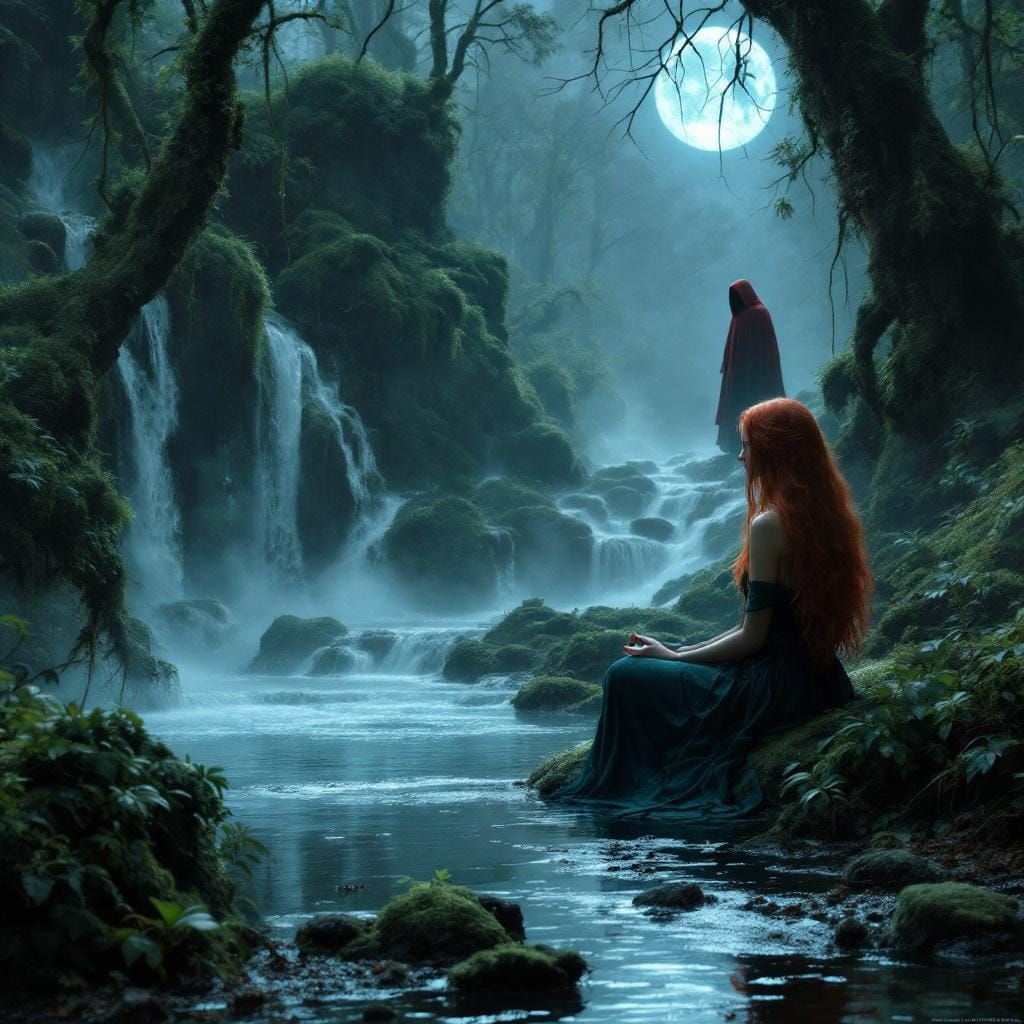 Ethereal Forest Scene with Meditating Woman