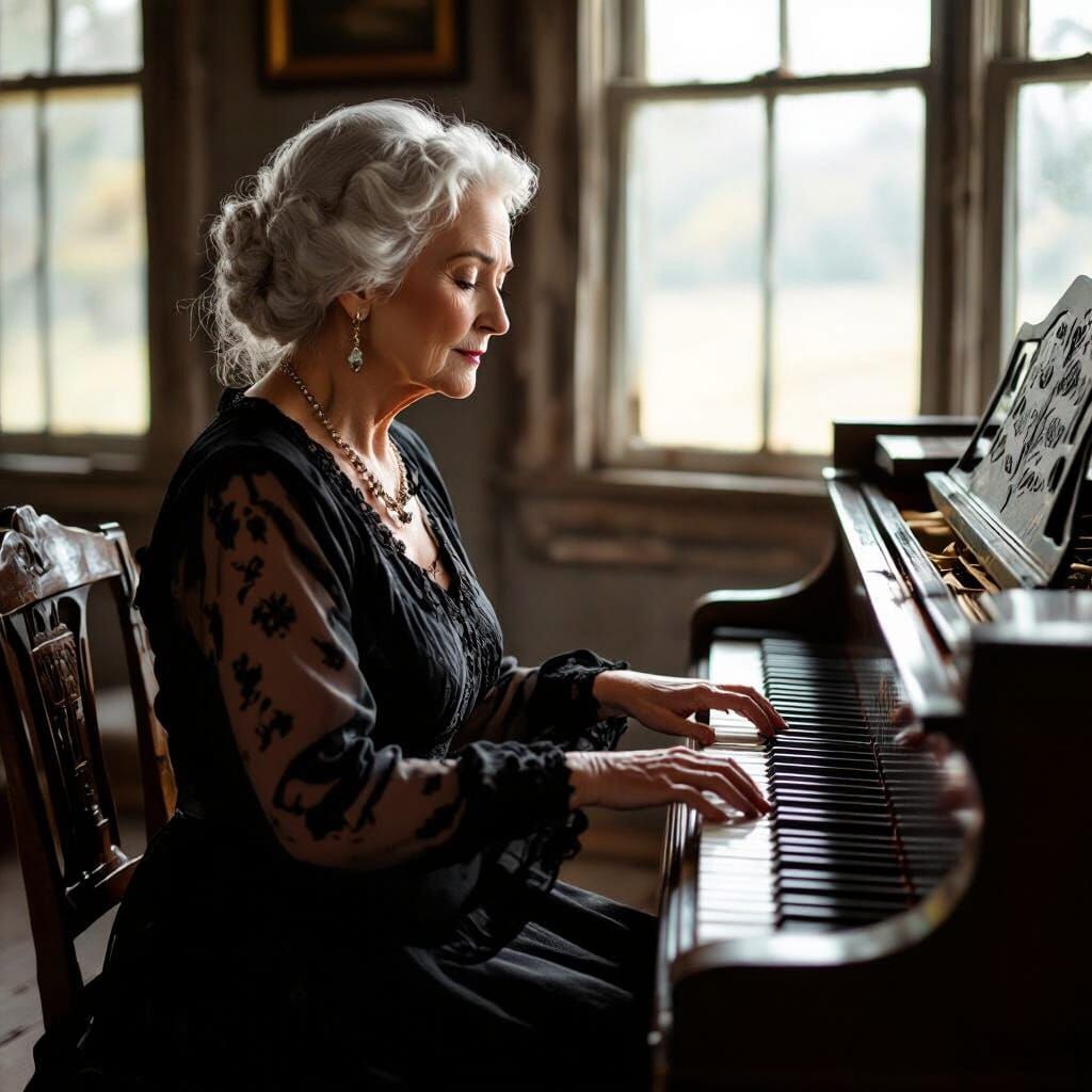 Emotional Old Woman Plays Piano in Sunlit Room