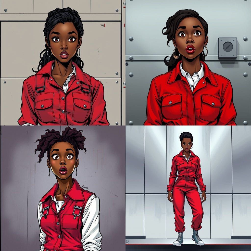Surprised Woman in Red Jumpsuit: Comic Book Art