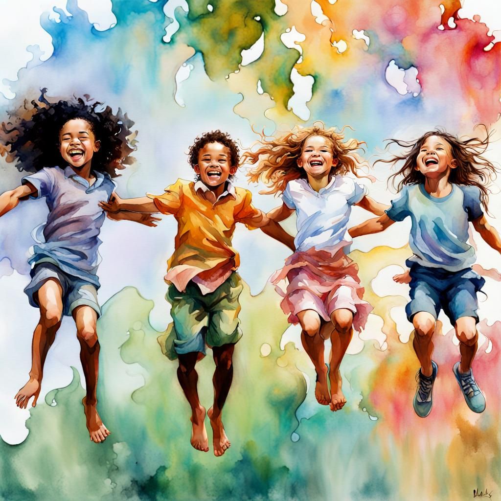 Diverse Children's Joyful Embrace in Art Nouveau Style