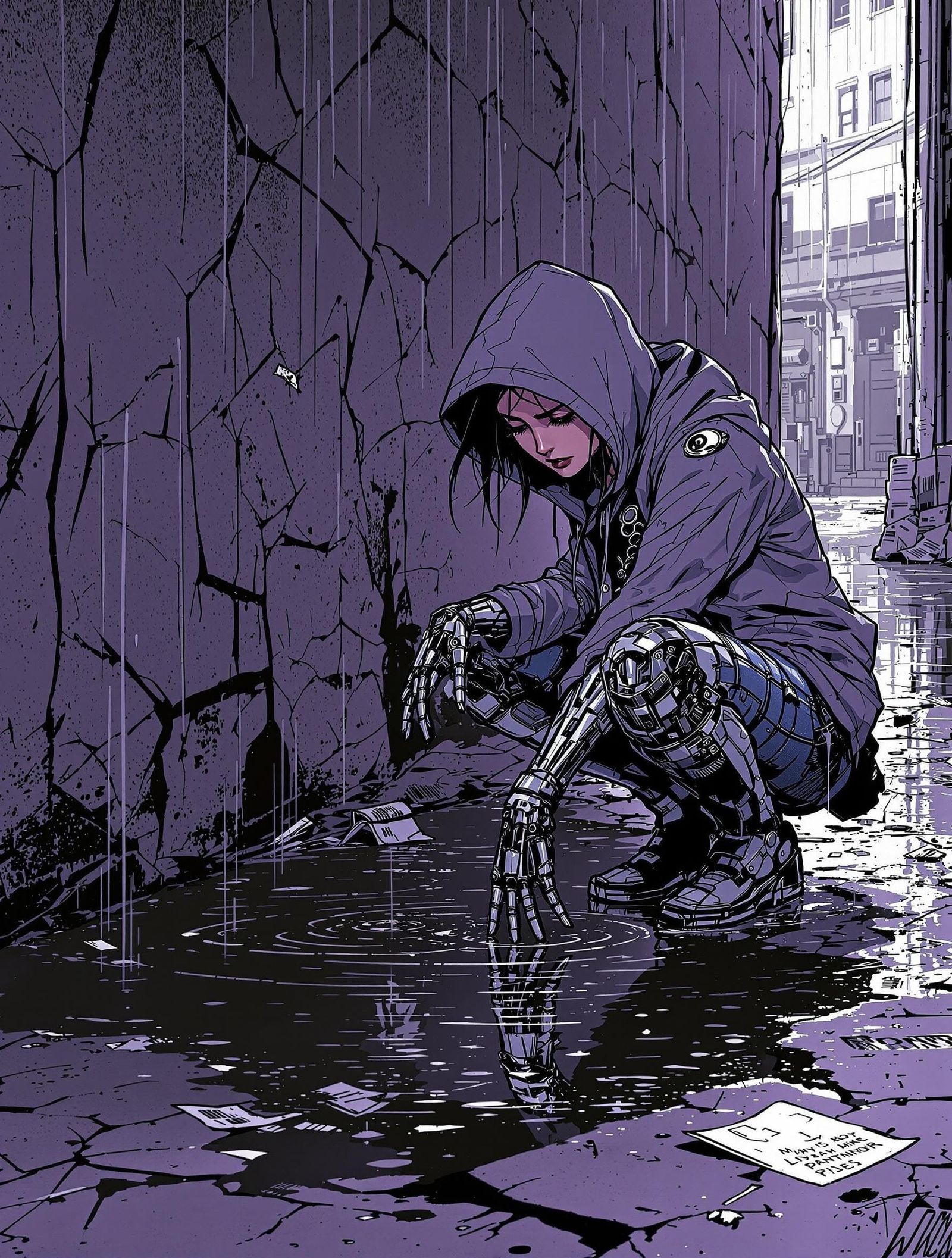 Cyborg Reflection in Alley, Comic-Book Sketch