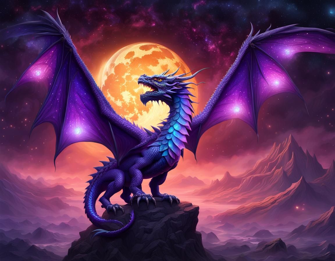 Iridescent Purple Dragon Soaring in Mystical Night