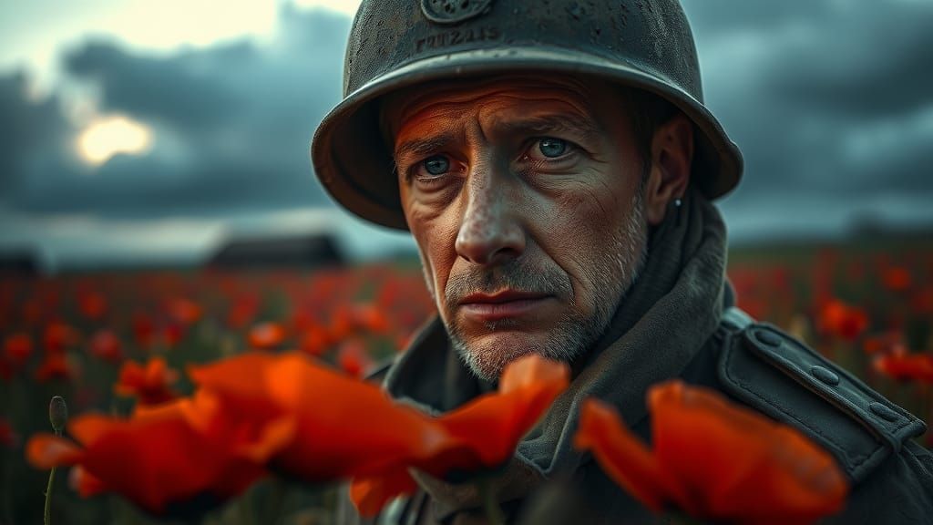 WWI Soldier Portrait in Poppies Field
