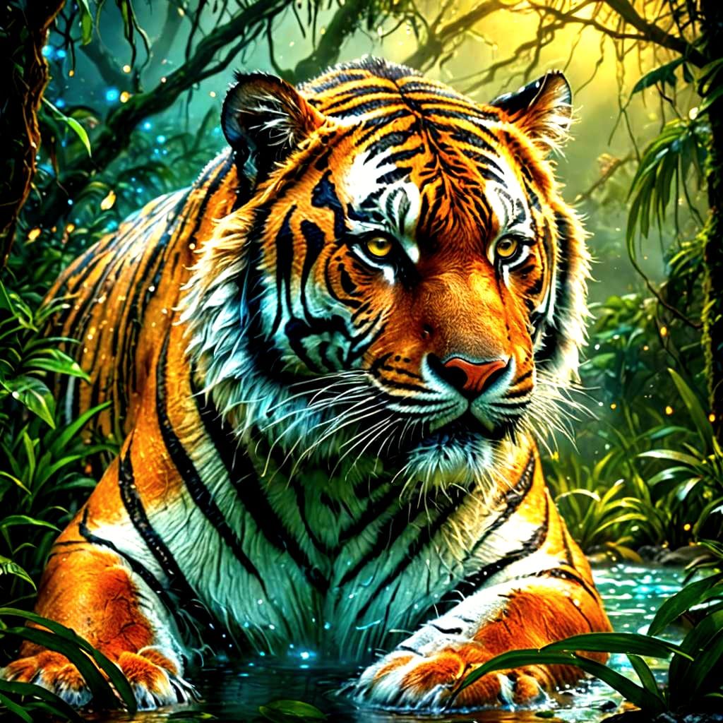 Bioluminescent Tiger in Magical Jungle, Detailed HDR