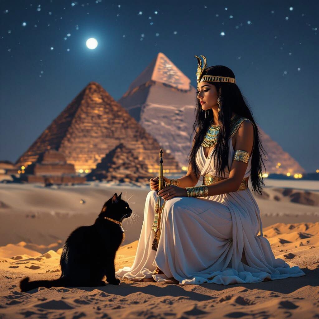 Goddess Isis and Black Cat at the Pyramids