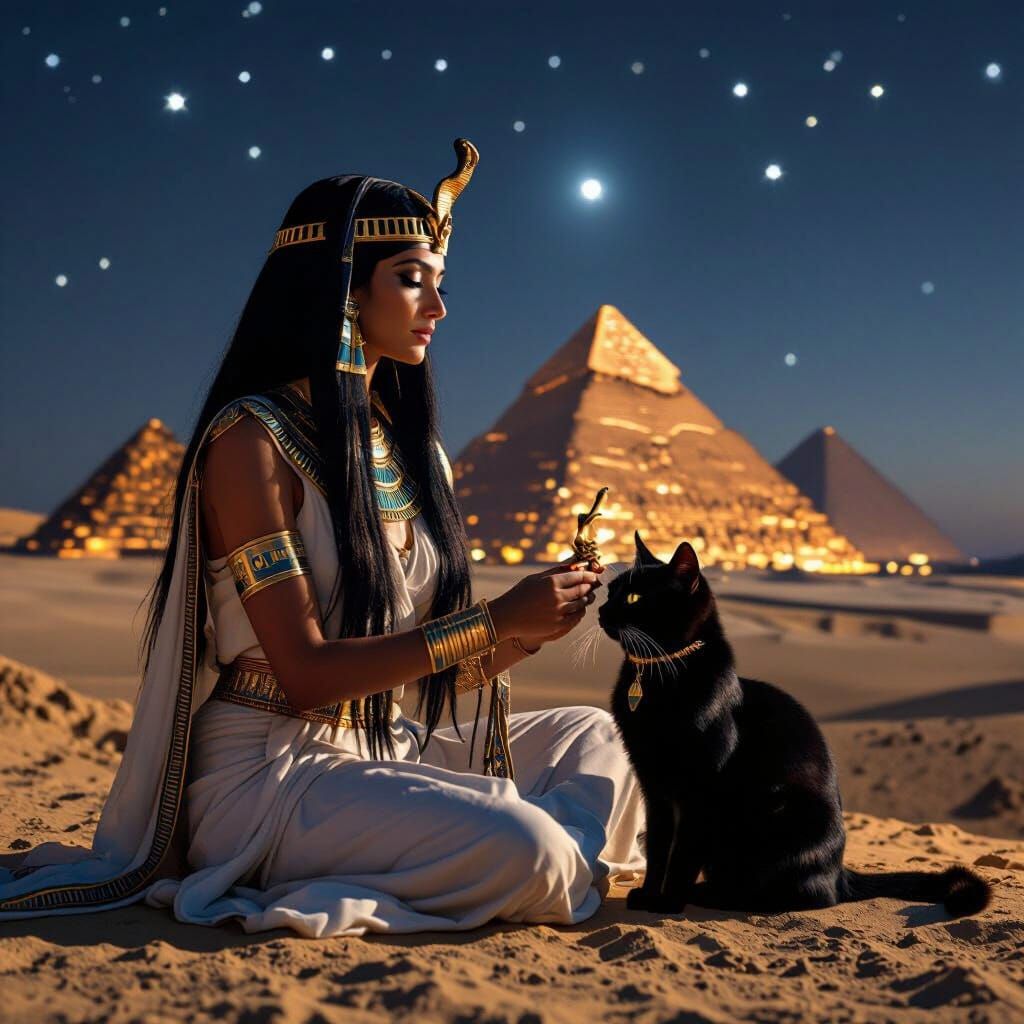 Goddess Isis and Black Cat at the Pyramids
