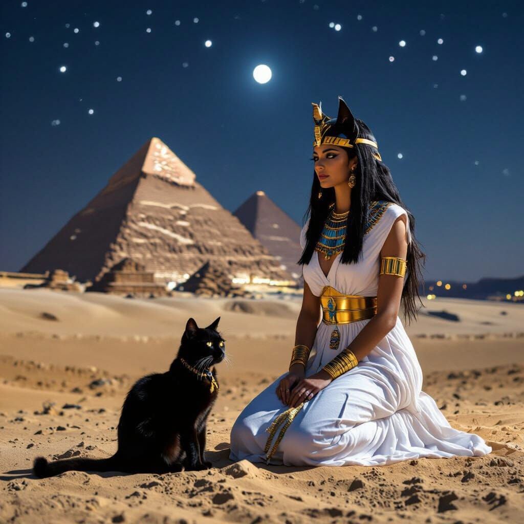 Goddess Isis, Black Cat, and Egyptian Pyramids