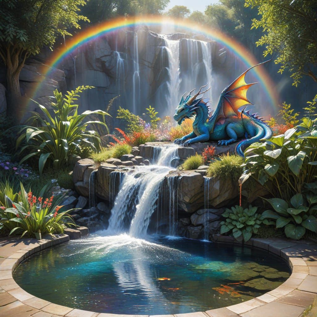 Mythical Dragon Basks in Waterfall's Radiant Rainbow