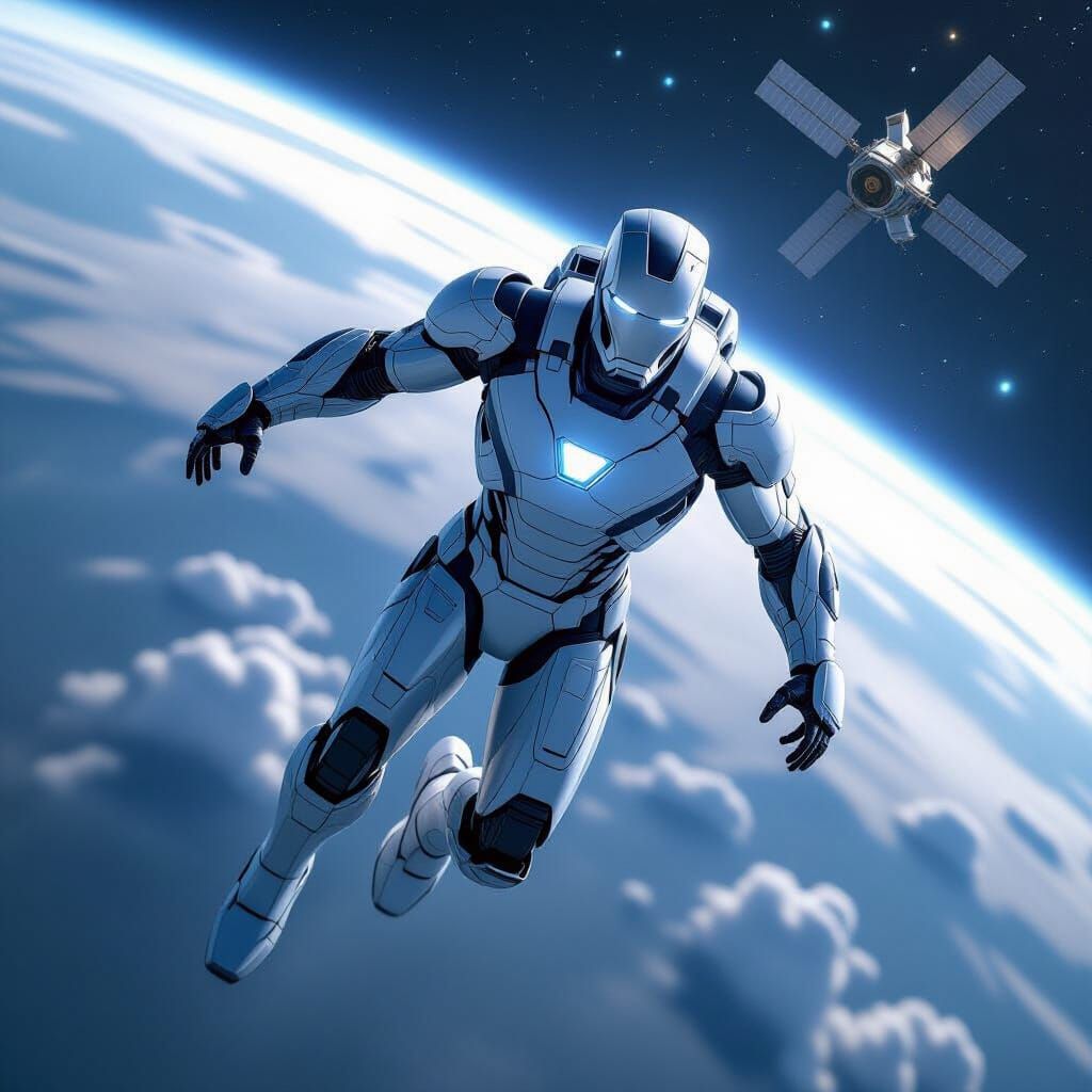 Iron Man Suit Flying Above Earth in Deep Space