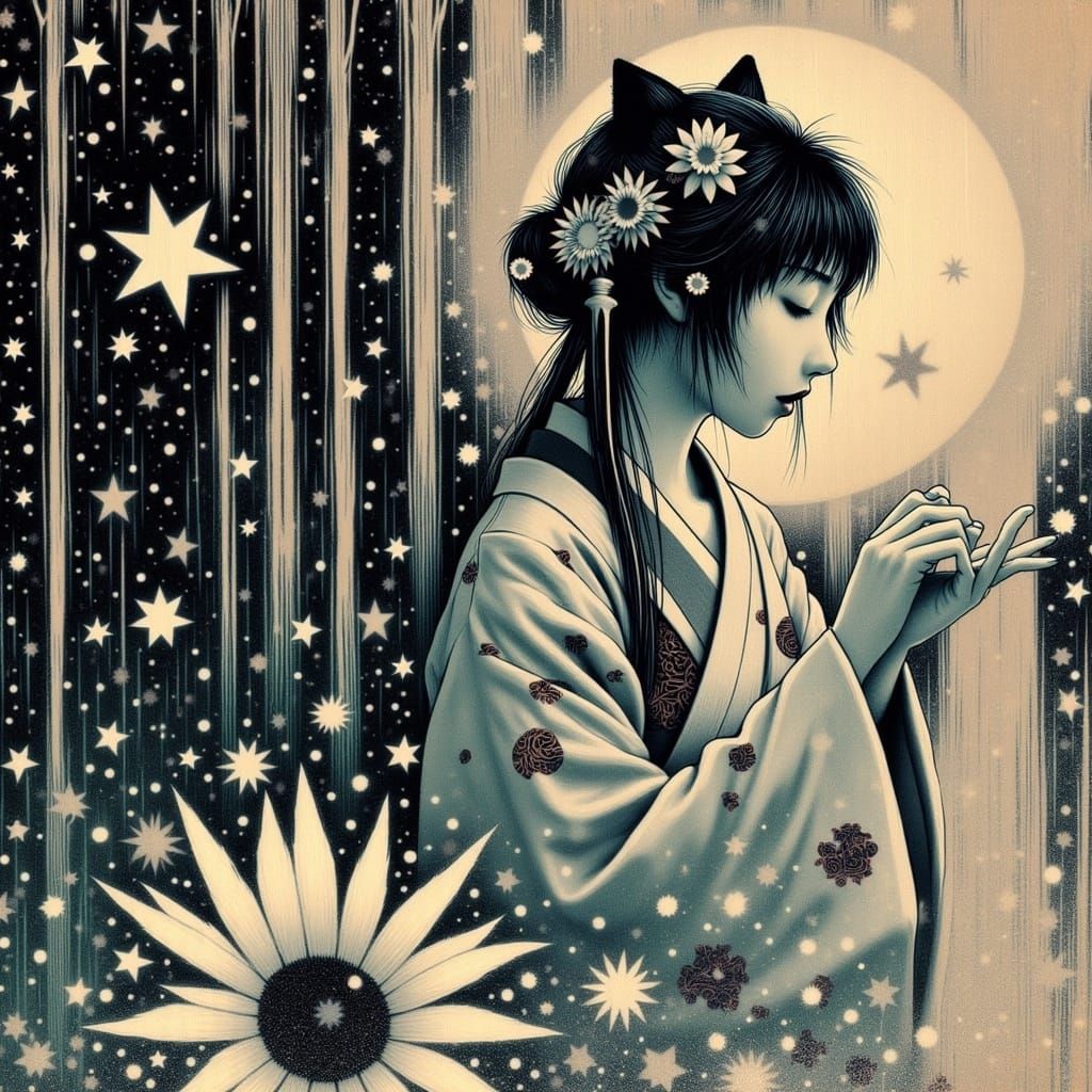 Cyberpunk Geisha Goddess of a Futuristic Waterfall Apocalyps...